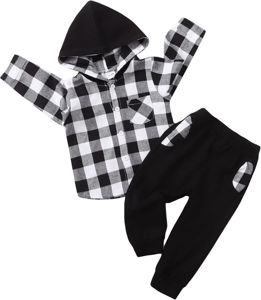 Toddler Baby Boy Girl Clothes Flannel Hooded Plaid Shirt and Long Pants Fall Winter Spring Sweatsuit