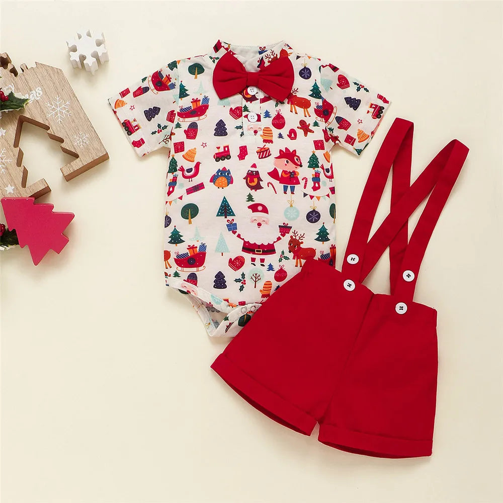 My First Christmas Baby Boy Christmas Outfits Newborns Cartoon Fox Deer Romper+Overalls 2024 New Year Baby Clothes